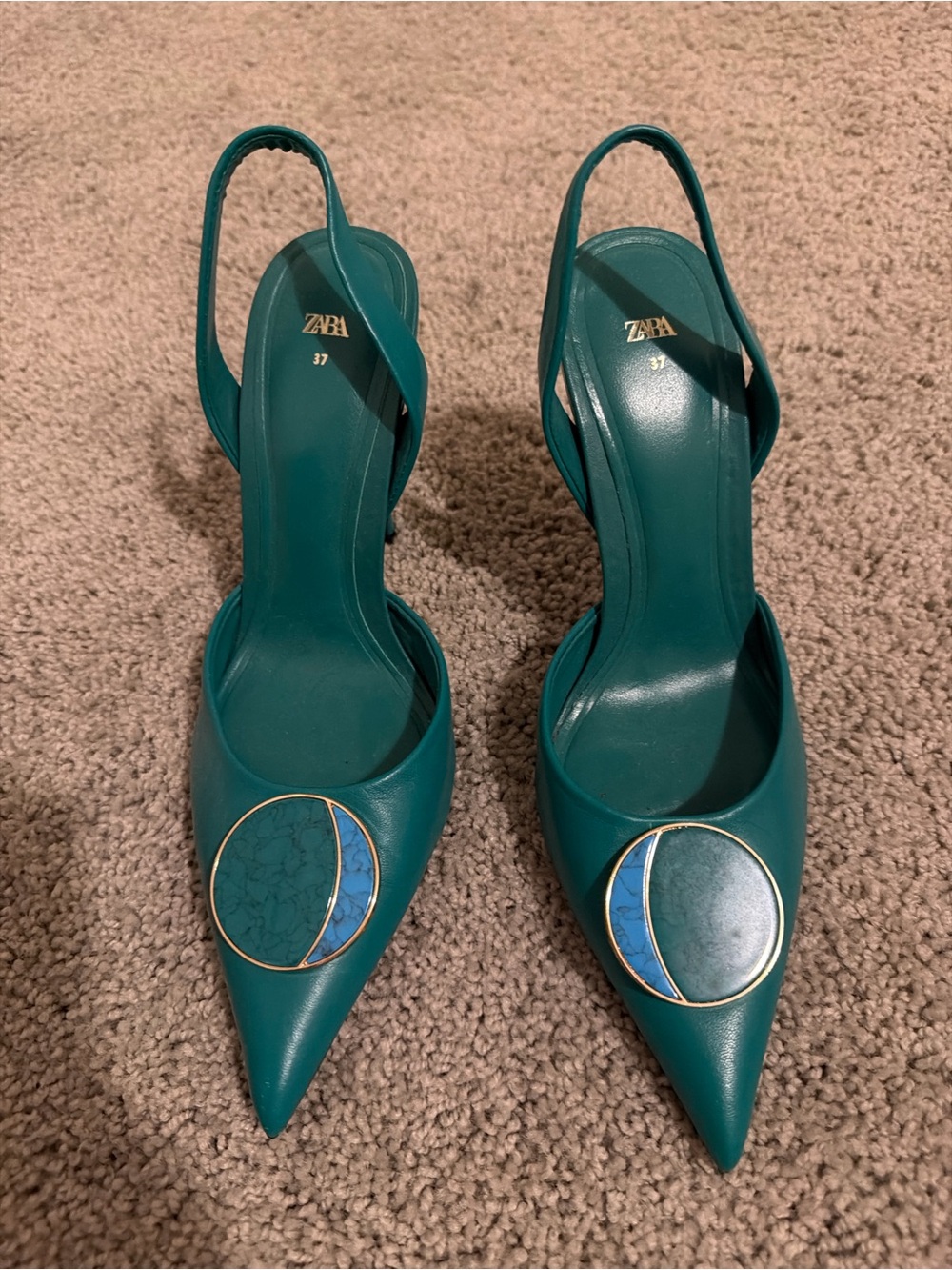 ZARA Teal Pointed Slingback Pumps with Enamel Medallion